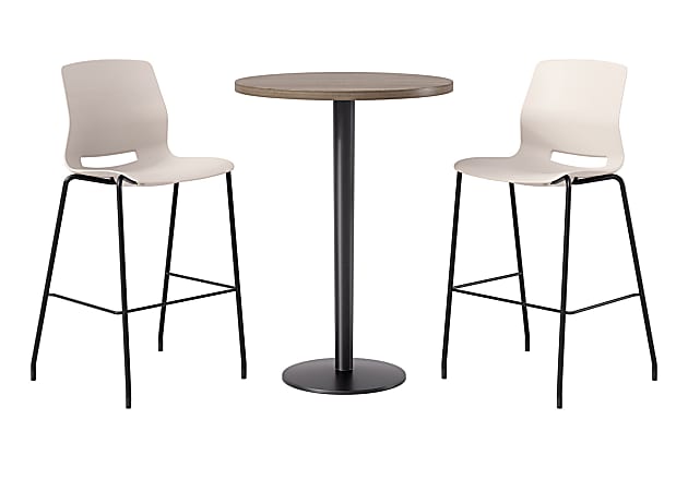 KFI Studios Proof Bistro Round Pedestal Table With Imme Barstools, 2 Barstools, 30", Studio Teak/Black/Moonbeam Stools