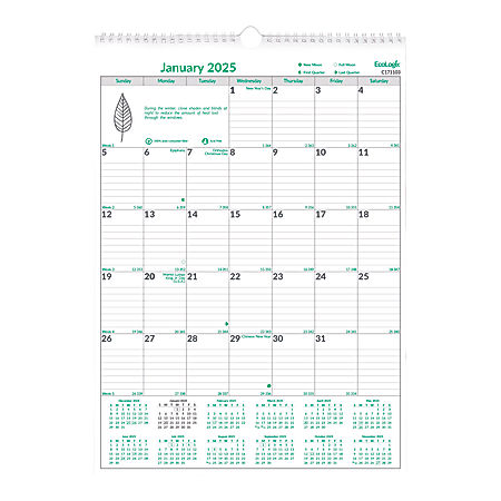 2025 Brownline EcoLogix Monthly Wall Calendar, 12" x 17", 100% Recycled, Green/White, January To December, C171103