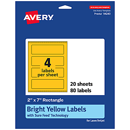Avery® Print-To-The-Edge Labels With Sure Feed® Technology, 94243-BYP20, Rectangle, 2" x 7", Matte Bright Yellow, Pack of 80