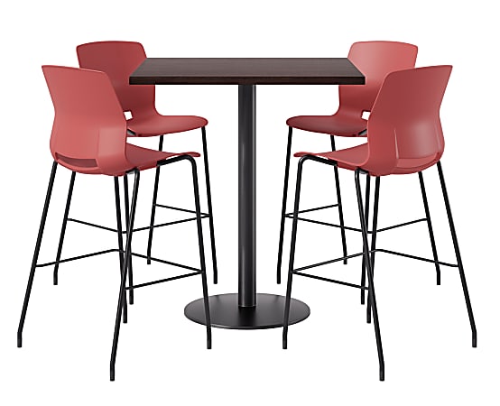 KFI Studios Proof Bistro Square Pedestal Table With Imme Bar Stools, Includes 4 Stools, 43-1/2”H x 42”W x 42”D, Cafelle Top/Black Base/Coral Chairs