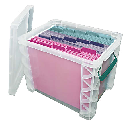 Super Stacker Plastic Storage Container With Built-In Handles And Snap Lid, 19 Liters, Clear/Sea Breeze
