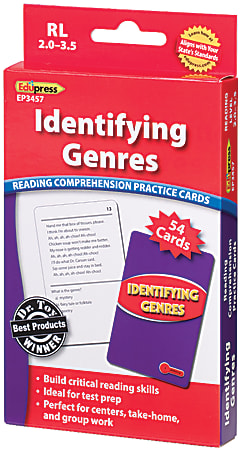 Edupress Reading Comprehension Practice Cards, Identifying Genres, Red Level, Grades 2 - 4, Pack Of 54
