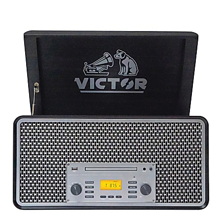 Victor Monument VWRP-5000 Dual-Bluetooth® Belt-Drive 8-In-1 Music Center With Turntable And AM/FM Radio, 8.7"H x 15"W x 18.9"D, Metallic