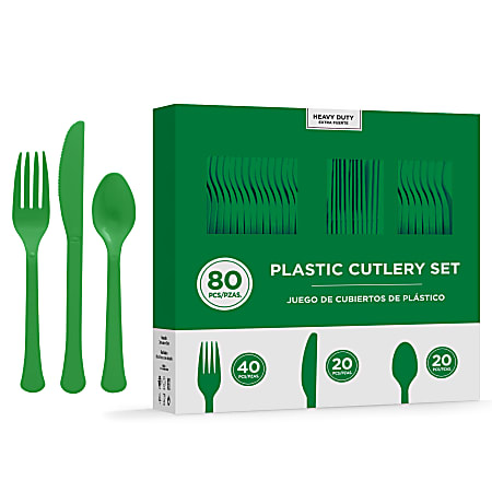 Amscan 8016 Solid Heavyweight Plastic Cutlery Assortments, Festive Green, 80 Pieces Per Pack, Set Of 2 Packs