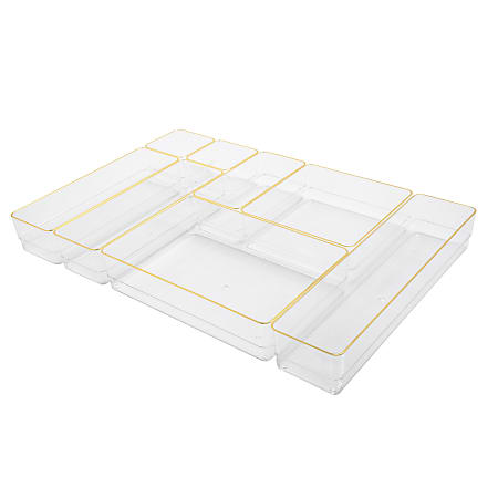 Martha Stewart Kerry Plastic Stackable Office Desk Drawer 8-Piece Organizer Set, Clear/Gold Trim