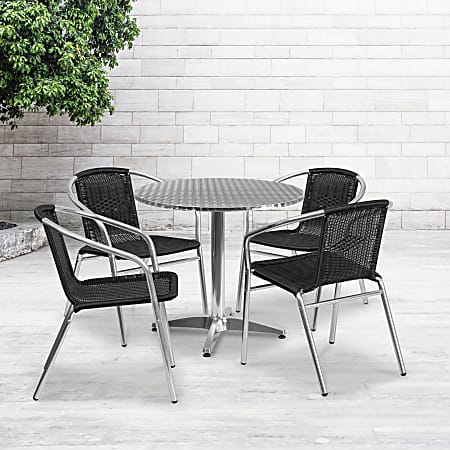 Flash Furniture Lila Round Aluminum Indoor-Outdoor Table With 4 Chairs, 27-1/2"H x 31-1/2"W x 31-1/2"D, Black, Set Of 5