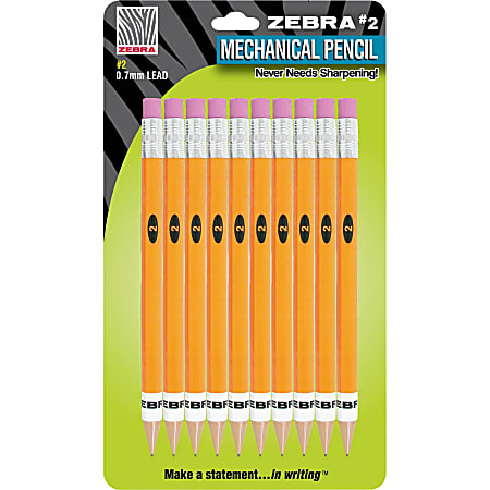 Zebra® Push Eraser Mechanical Pencils, #2 Lead, 0.7 mm, Refillable, Yellow Barrels, Pack Of 10
