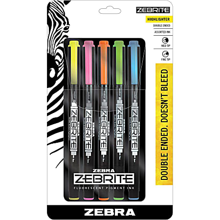 Zebra Pen Eco Double-ended Highlighter - Fine Marker Point - Chisel Marker Point Style - Fluorescent Green, Fluorescent Blue, Fluorescent Pink, Fluorescent Yellow, Fluorescent Orange - 1 / Set