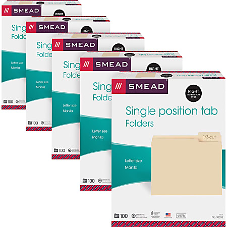 Smead Top Tab File Folders, Letter Size, 8 1/2" x 11", 1/3 Tab Cut, Right Tab Position, 3/4" Expansion, Manila, Carton Of 500 Folders