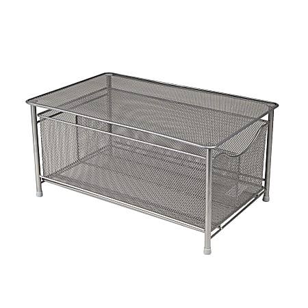 Mind Reader Platform-Top Storage Basket With Sliding Drawer, Medium Size, Silver