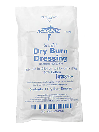 Medline Sterile Burn Dressings, 18-Ply, 36" x 36", White, Pack Of 20