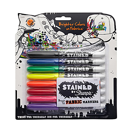 Sharpie® STAINED Permanent Fabric Markers, Brush Point, Assorted, Pack Of 8