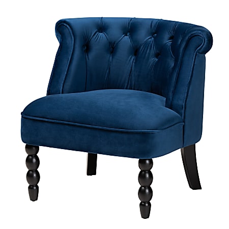 Baxton Studio Flax Classic Velvet Fabric And Wood Accent Chair, 28”H x 23-5/8”W x 29-1/2”D, Navy Blue/Black