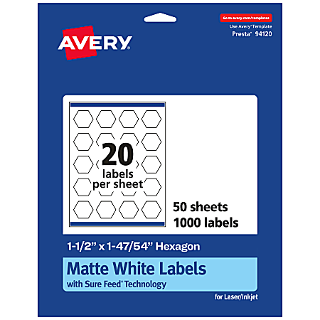 Avery® Permanent Labels With Sure Feed®, 94120-WMP50, Hexagon, 1-1/2" x 1-47/54", White, Pack Of 1,000
