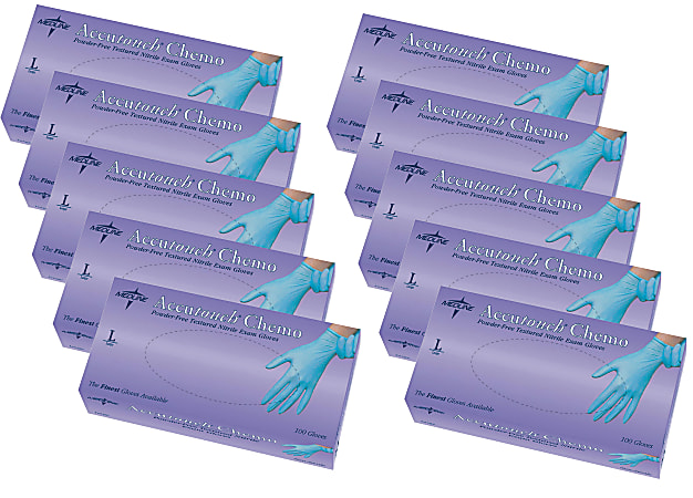 Accutouch Chemo Disposable Powder-Free Nitrile Exam Gloves, Large, Blue, 100 Gloves Per Box, Case Of 10 Boxes