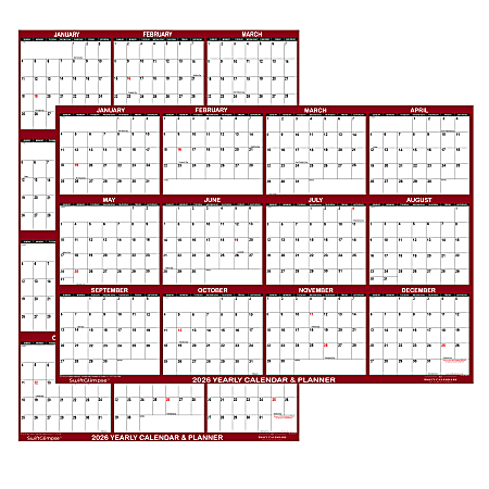 2026 SwiftGlimpse Yearly Reversible Erasable Wall Calendar, 18" x 24", White/Maroon, January To December