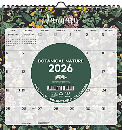 2026-2027 Willow Creek Press Monthly Spiral Wall Calendar, 12" x 12", Botanical Nature, July 2026 To June 2027, 54727