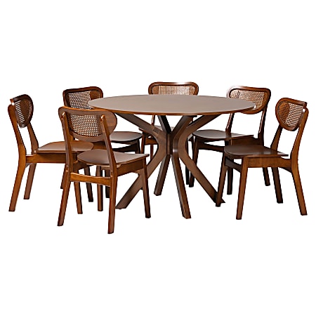 Baxton Studio Giuliana Mid-Century Modern Wood and Woven Rattan 7-Piece Dining Set, Walnut/Brown
