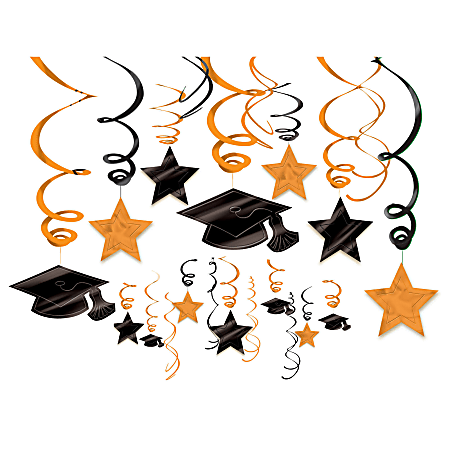 Amscan School Colors Hanging Foil Swirl Graduation Decorations Kit, Orange Peel, Pack Of 30 Pieces