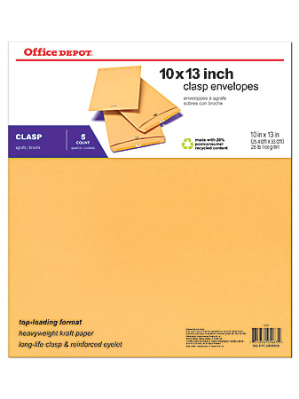 Office Depot® Brand 10" x 13" Manila Envelopes, Clasp Closure, Brown Kraft, Pack Of 5