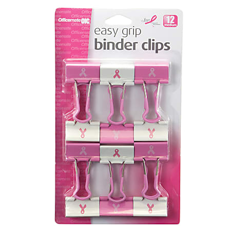 OIC® Breast Cancer Awareness Medium Easy Grip Binder Clips, 1 1/4", Pink/White, Pack Of 12
