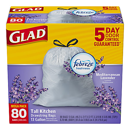 Glad® Tall Kitchen OdorShield® Trash Bags, 13 Gallons, Lavender Scent, White, Pack Of 80