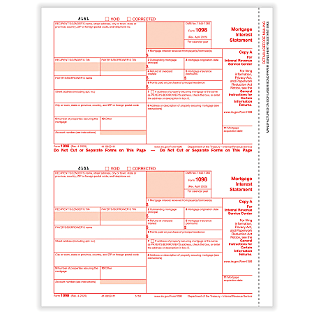 ComplyRight® 1098 Tax Forms, 2-Up, Federal Copy A, Laser, 8-1/2" x 11", Pack Of 100 Forms