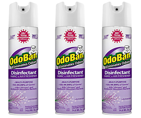 OdoBan Ready-to-Use 360-Degree Continuous Spray Disinfectant Cleaner and Odor Eliminator, Lavender Scent, 14.6 Oz, Set Of 3 Spray Cans