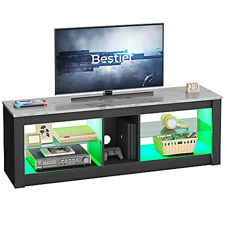 Bestier TV Stand With Adjustable Glass Shelves & RGB Lights For 55" TVs, 18-1/2"H x 55-1/8"W x 13-3/4"D, White Marble