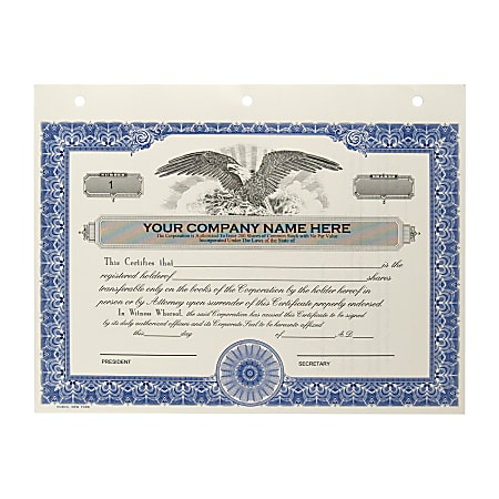 Custom Corporate Stock Certificates 3 Hole Punched Blue Pack Of 20