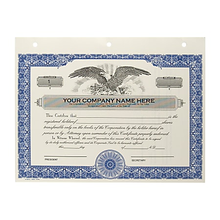 Custom Corporate Stock Certificates, 3-Hole Punched, Blue, Pack Of 20 Certificates