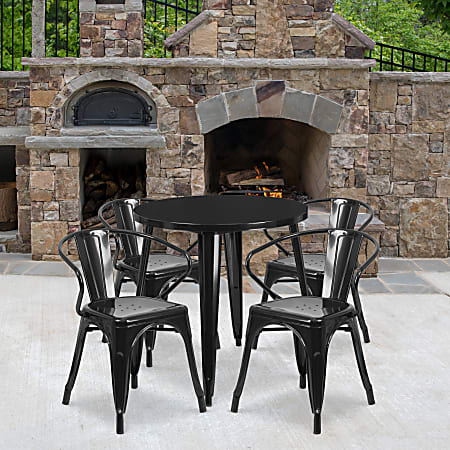 Flash Furniture Commercial Grade Round Metal Indoor-Outdoor Table & Curved-Back Chair Set, 29-1/2”H x 30”W x 30”D, Black, 5-Piece Set