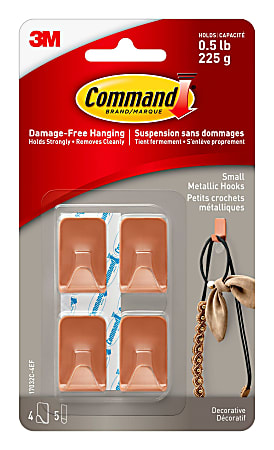 3M™ Command™ Damage-Free Removable Metal Hooks, Small, 5/8" x 3/4"x 1 1/4", Copper, Pack Of 4 Hooks