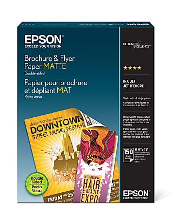 Epson&reg; Brochure &amp; Flyer Paper, White, Letter (8.5&quot; x 11&quot;), 150 Sheets Per Pack, 48 Lb, 97 Brightness