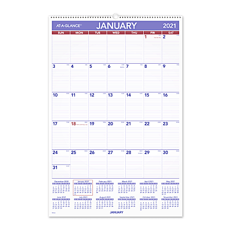 AT-A-GLANCE® Monthly Wall Calendar, 20" x 30", January To December 2021, PM428