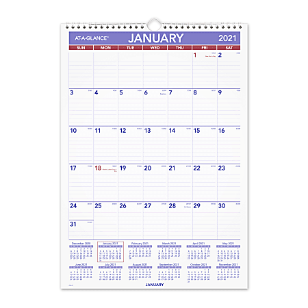 AT-A-GLANCE® Monthly Wall Calendar, 12" x 17", January To December 2021, PM228