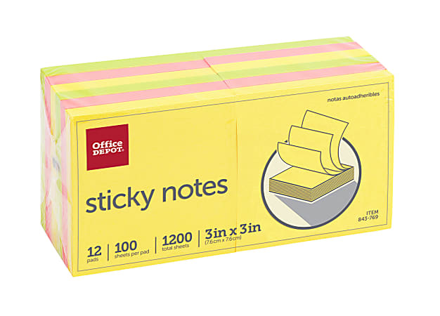 Office Depot® Brand Sticky Notes, 3" x 3", Assorted Neon Colors, 100 Sheets Per Pad, Pack Of 12 Pads, 21332-BRIGHT