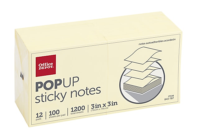 Office Depot® Brand Pop Up Sticky Notes, 3" x 3", Yellow, 100 Sheets Per Pad, Pack Of 12