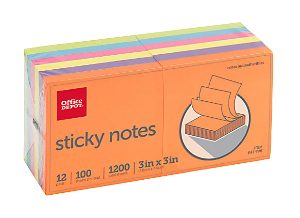 Office Depot® Brand Sticky Notes, 3" x 3", Assorted Vivid Colors, 100 Sheets Per Pad, Pack Of 12 Pads
