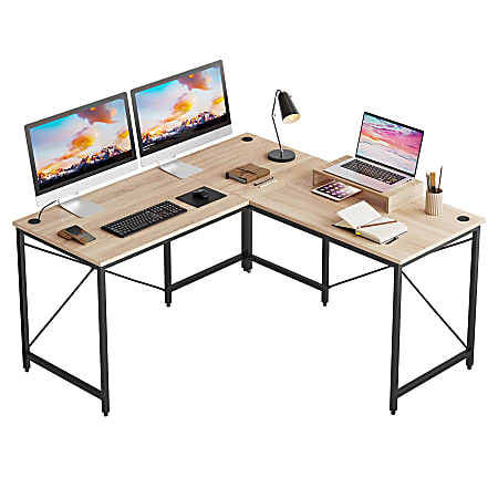 Bestier 60"W L-Shaped Corner Computer Desk With Monitor Stand & 3 Cable Holes, Light Oak