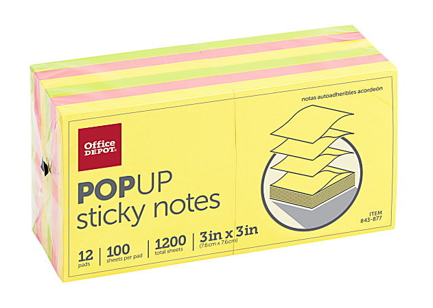 Office Depot® Brand Pop Up Sticky Notes, 3" x 3", Assorted Neon Colors, 100 Sheets Per Pad, Pack Of 12 Pads