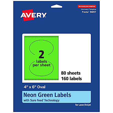 Avery® Print-To-The-Edge Labels With Sure Feed® Technology, 94057-NGP80, Oval, 4" x 6", Matte Neon Green, Pack of 160
