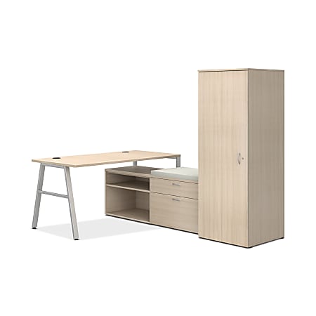 HON Mod 84”W Table Computer Desk With 2 Storage Credenzas And Wardrobe, Desert Oak/Silver/Cool Neutral