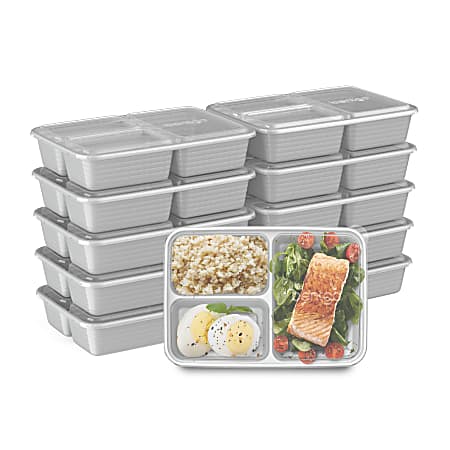 Bentgo Prep 3-Compartment Containers, 6-1/2"H x 6-3/4"W x 9-1/2"D, Silver, Pack Of 10 Containers