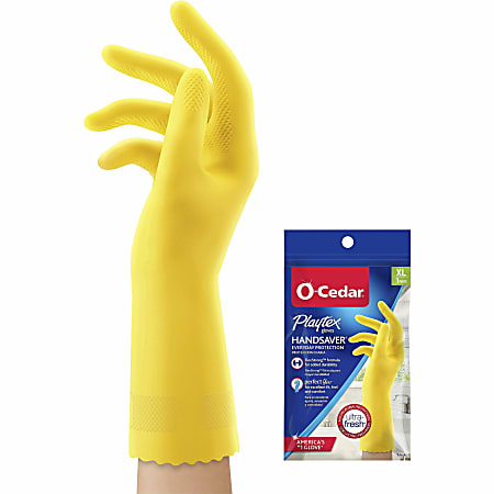O-Cedar Playtex Handsaver Gloves - Hot Water, Chemical Protection - X-Large Size - Latex, Nitrile, Neoprene - Yellow - Long Lasting, Durable, Anti-microbial, Odor Resistant, Comfortable, Textured Fingertip, Textured Palm, Reusable - For Household - 2