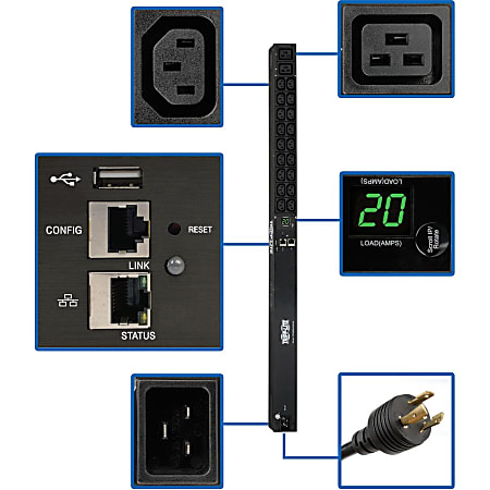Tripp Lite 3.3/3.7kW Single-Phase Monitored PDU, LX Platform Interface, 208/230V Outlets (18 C13/2 C19), C20/L - PDUMNV20HV2LX
