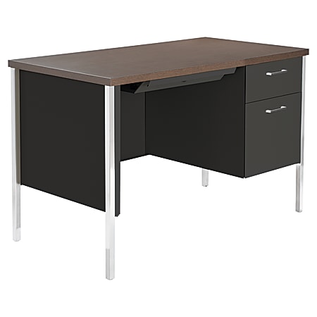 Alera Single Pedestal Desk, Black/Walnut