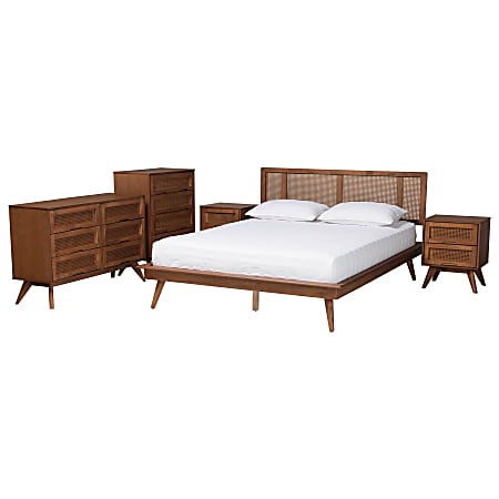 Baxton Studio Nura Mid-Century Modern Finished Wood/Rattan 5-Piece Bedroom Set, Queen Size, Walnut Brown