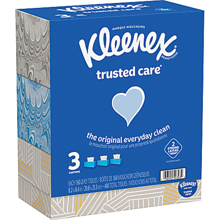 Kleenex® Trusted Care 2-Ply Tissues, 8-7/16" x 8-1/2", White, 160 Tissues Per Box, Pack Of 3 Boxes