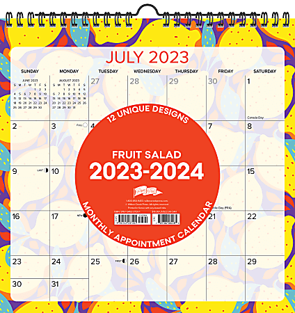 2023-2024 Willow Creek Press Monthly At A Glance Spiral Wall Art Calendar, 12” x 12”, Fruit Salad, July 2023 To June 2024 